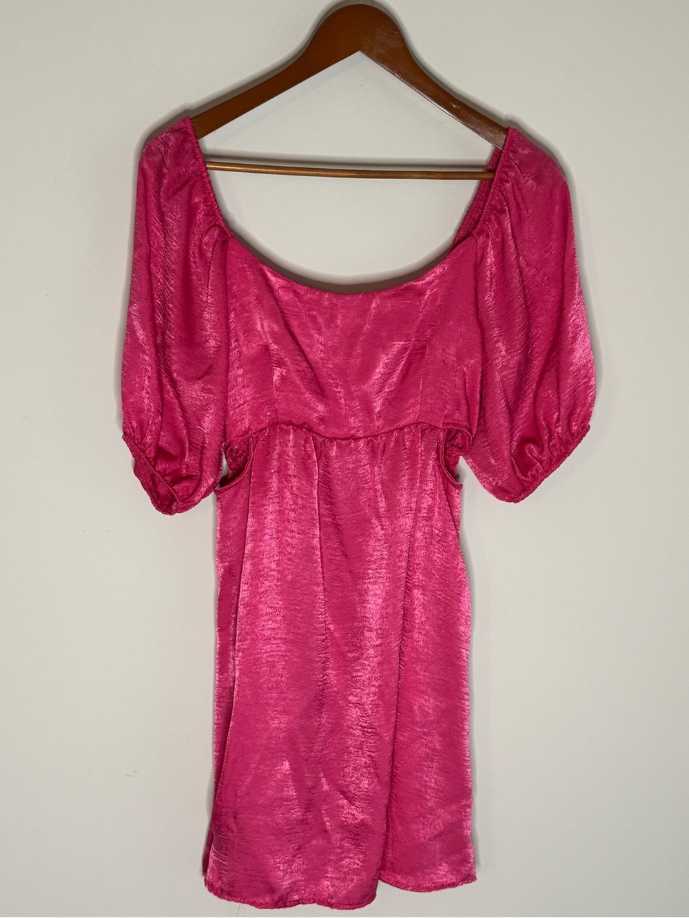 Altar’d State Hot Pink Satin Puff Sleeve Mini Dress Size M Cutout Back